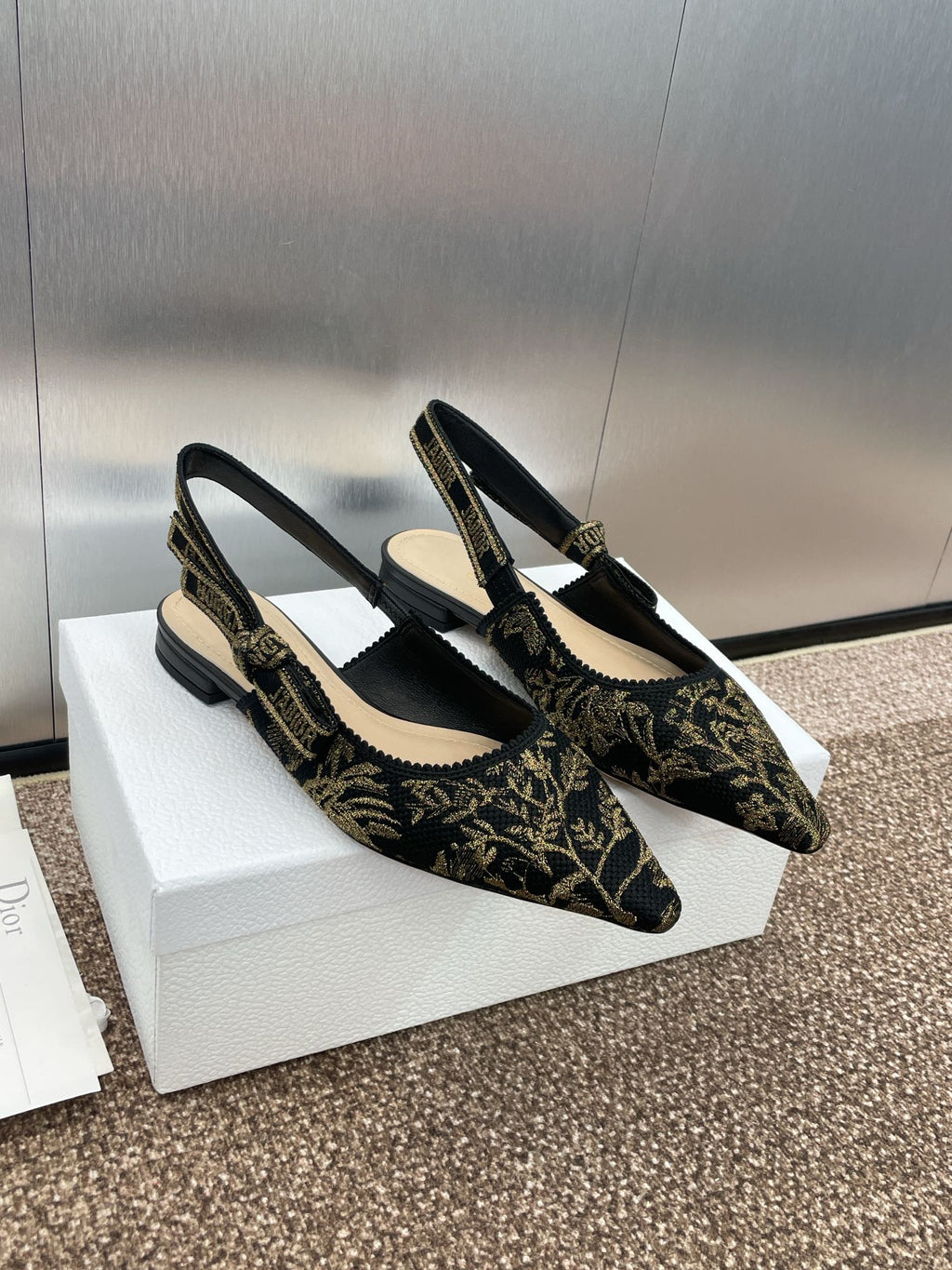 DIOR J'A SLINGBACK PUMP BLACK AND GOLD-TONE MILLEFIORI JACQUARD