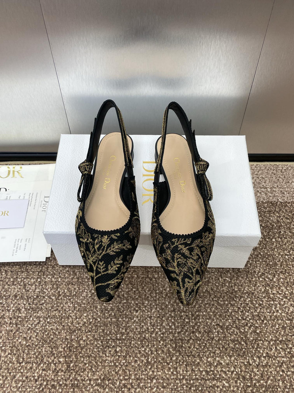 DIOR J'A SLINGBACK PUMP BLACK AND GOLD-TONE MILLEFIORI JACQUARD