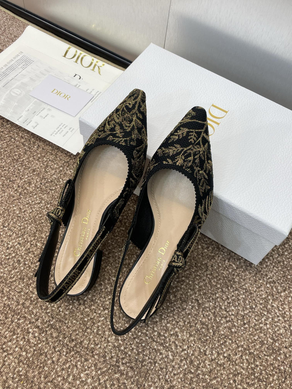 DIOR J'A SLINGBACK PUMP BLACK AND GOLD-TONE MILLEFIORI JACQUARD
