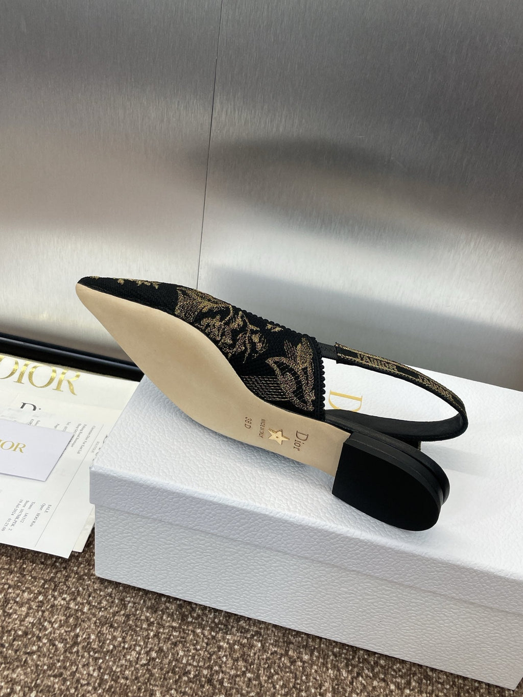 DIOR J'A SLINGBACK PUMP BLACK AND GOLD-TONE MILLEFIORI JACQUARD