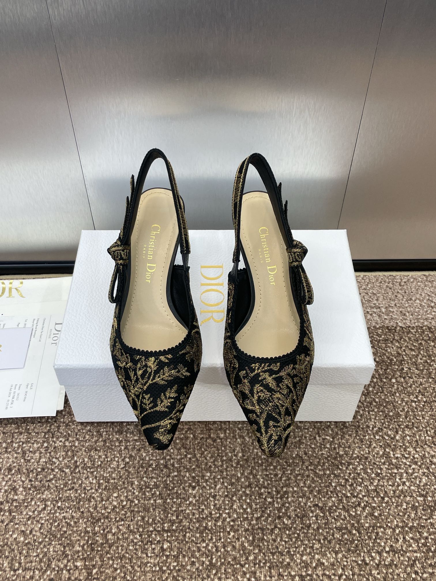 DIOR J'A HIGH SLINGBACK PUMP BLACK AND GOLD-TONE MILLEFIORI JACQUARD 65 MM