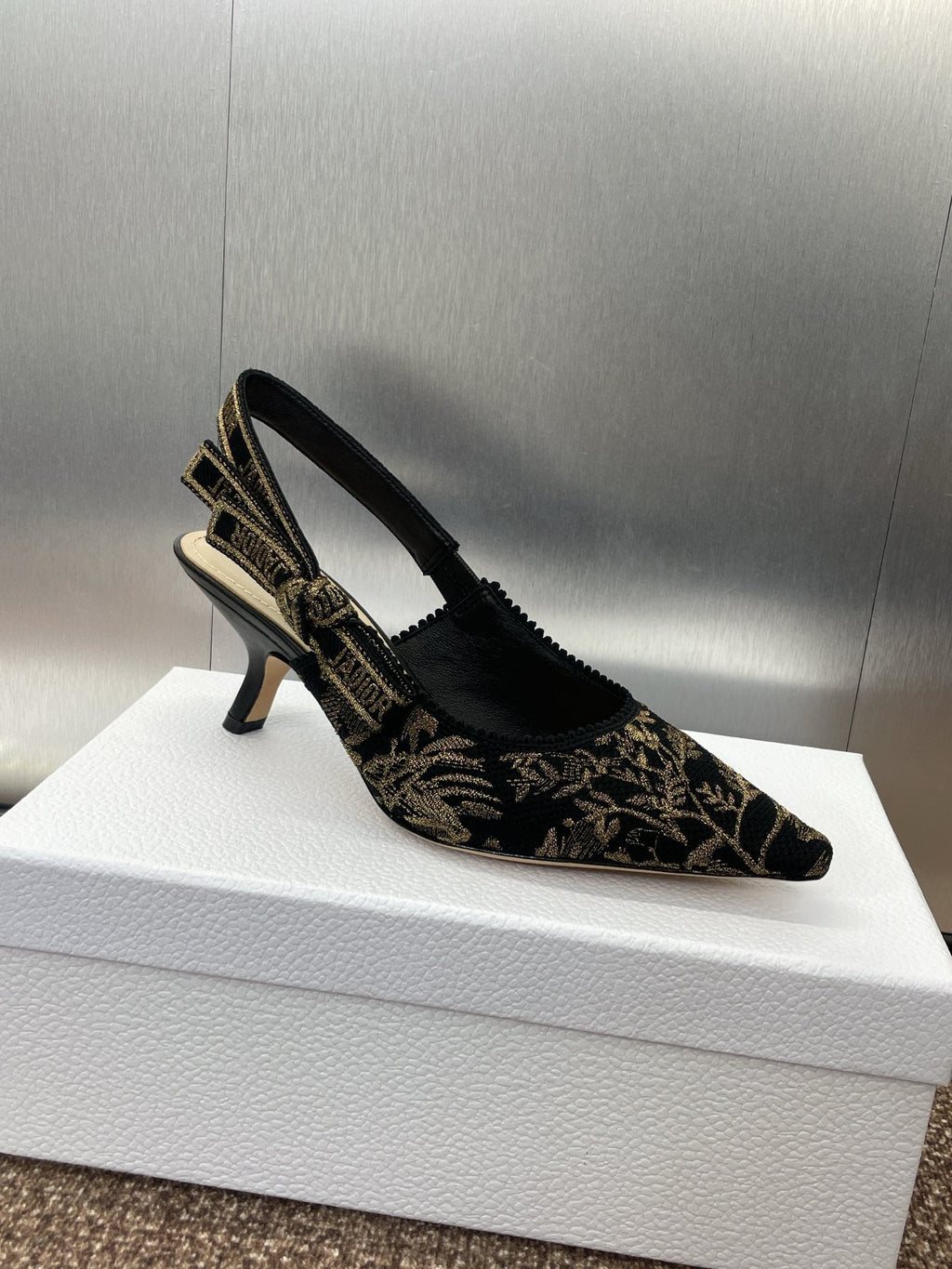 DIOR J'A HIGH SLINGBACK PUMP BLACK AND GOLD-TONE MILLEFIORI JACQUARD 65 MM