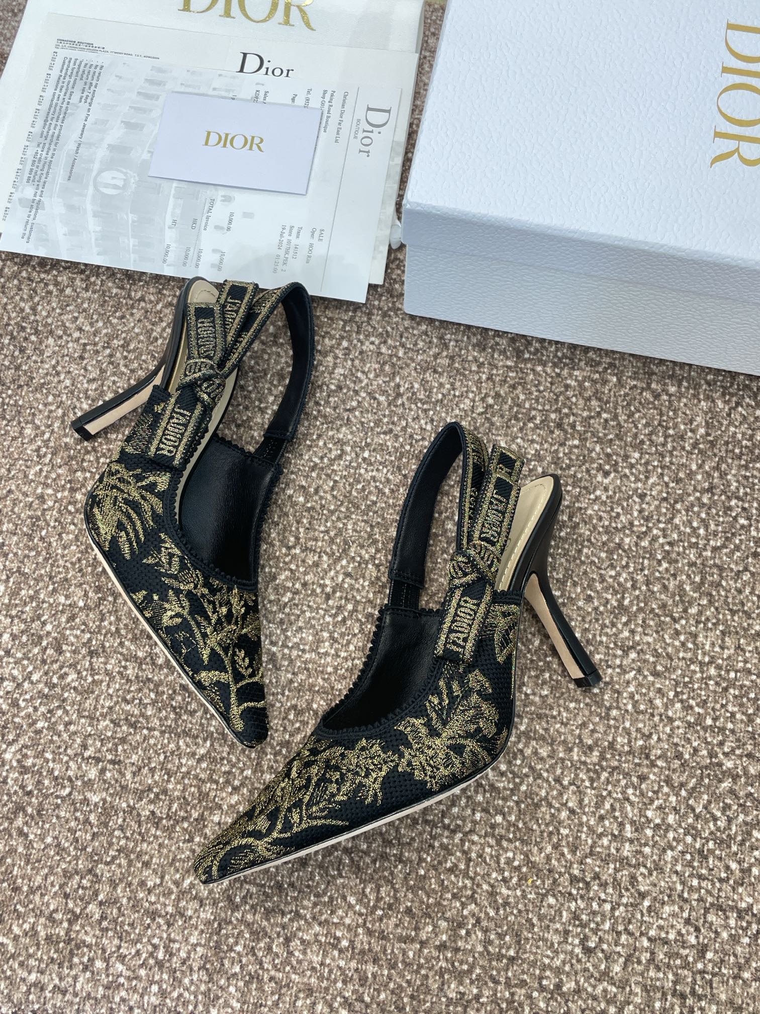 DIOR J'A HIGH SLINGBACK PUMP BLACK AND GOLD-TONE MILLEFIORI JACQUARD 95 MM