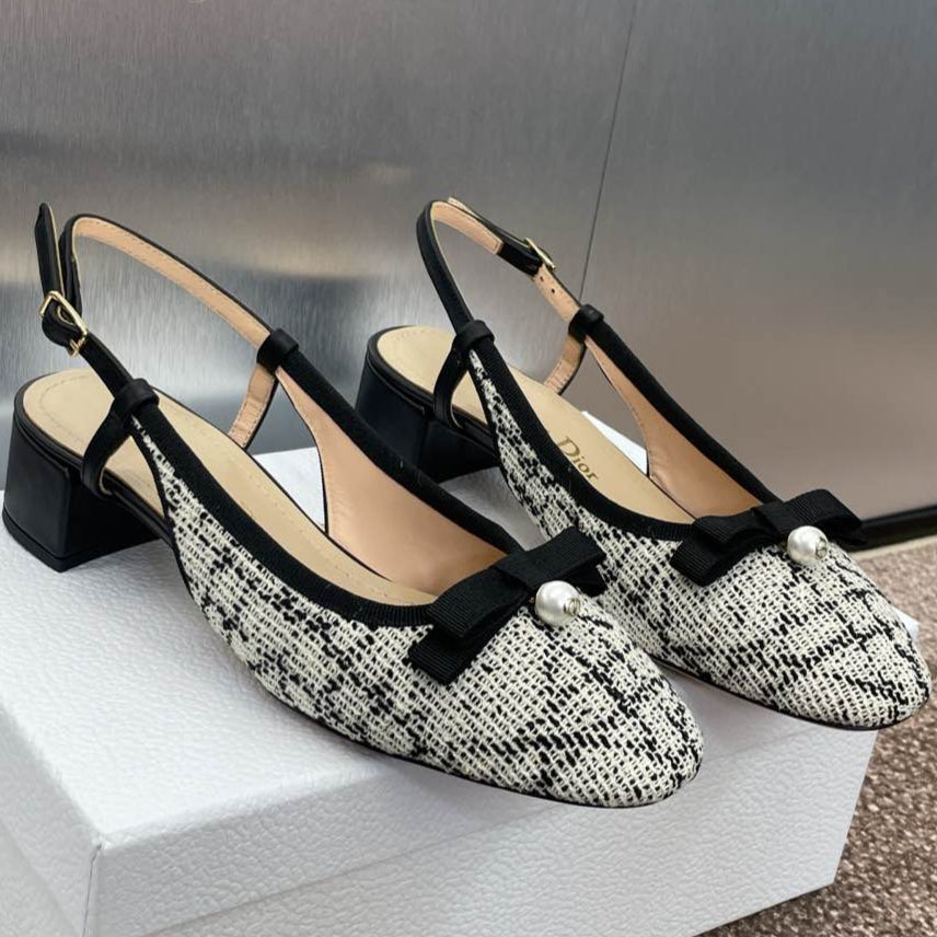 DIOR SLINGBACK PUMP IN WHITE MIX BLACK EMBROIDERED CANNAGE TWEED 35 MM