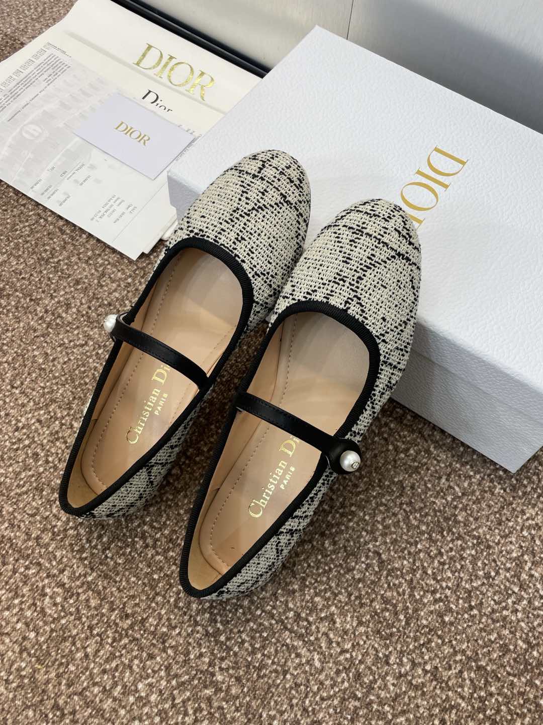 DIOR D-RAMOUR BALLET FLATS IN WHITE MIX BLACK EMBROIDERED CANNAGE TWEED