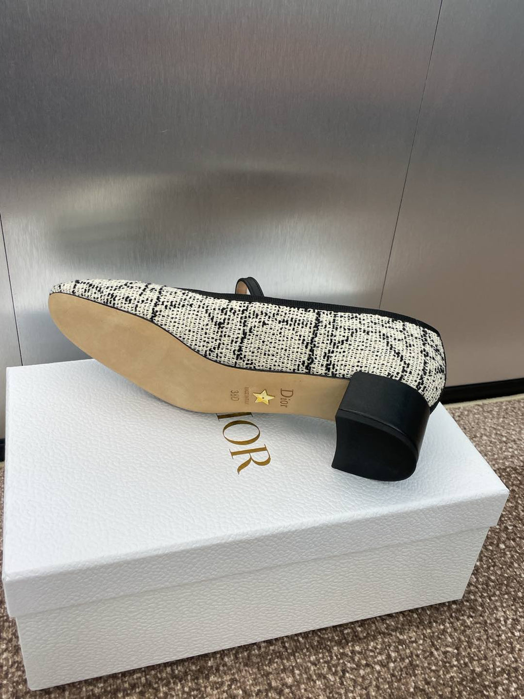 DIOR D-RAMOUR BALLET FLATS IN WHITE MIX BLACK EMBROIDERED CANNAGE TWEED 35 MM