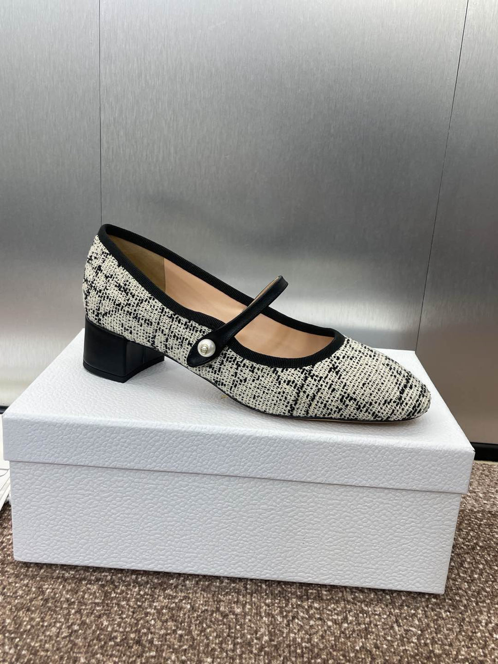 DIOR D-RAMOUR BALLET FLATS IN WHITE MIX BLACK EMBROIDERED CANNAGE TWEED 35 MM