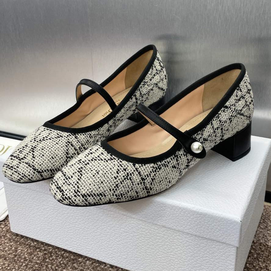 DIOR D-RAMOUR BALLET FLATS IN WHITE MIX BLACK EMBROIDERED CANNAGE TWEED 35 MM