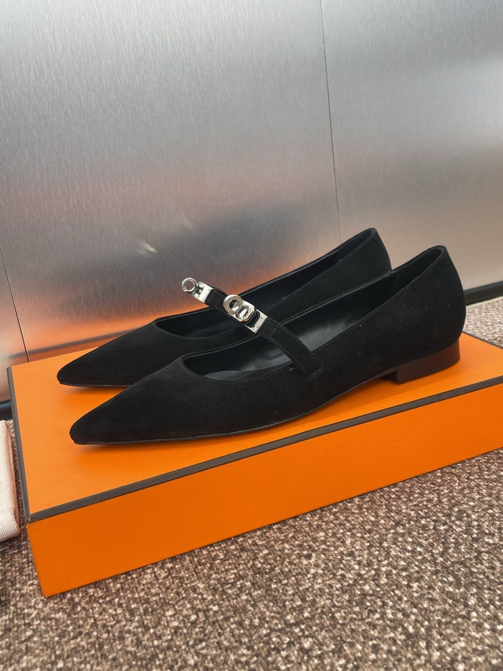 HERMES KIARA FLAT PUMP IN BLACK SUEDE