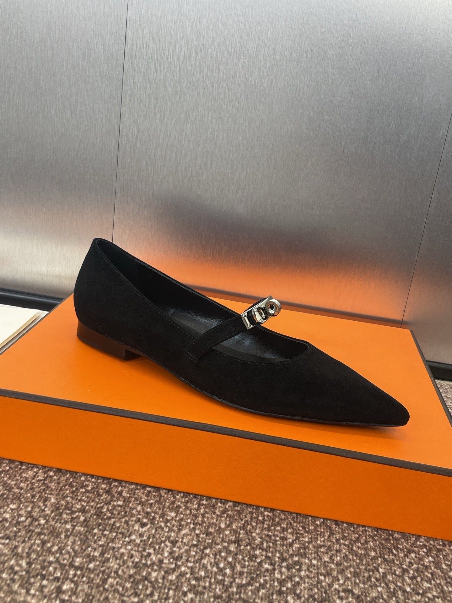 HERMES KIARA FLAT PUMP IN BLACK SUEDE