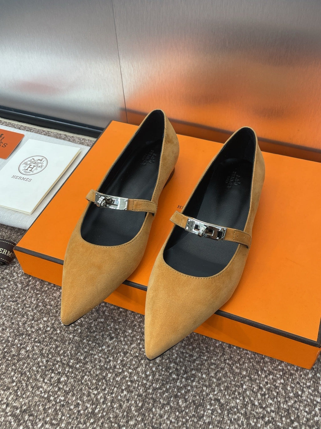 HERMES KIARA FLAT PUMP IN BRONZE BROWN SUEDE