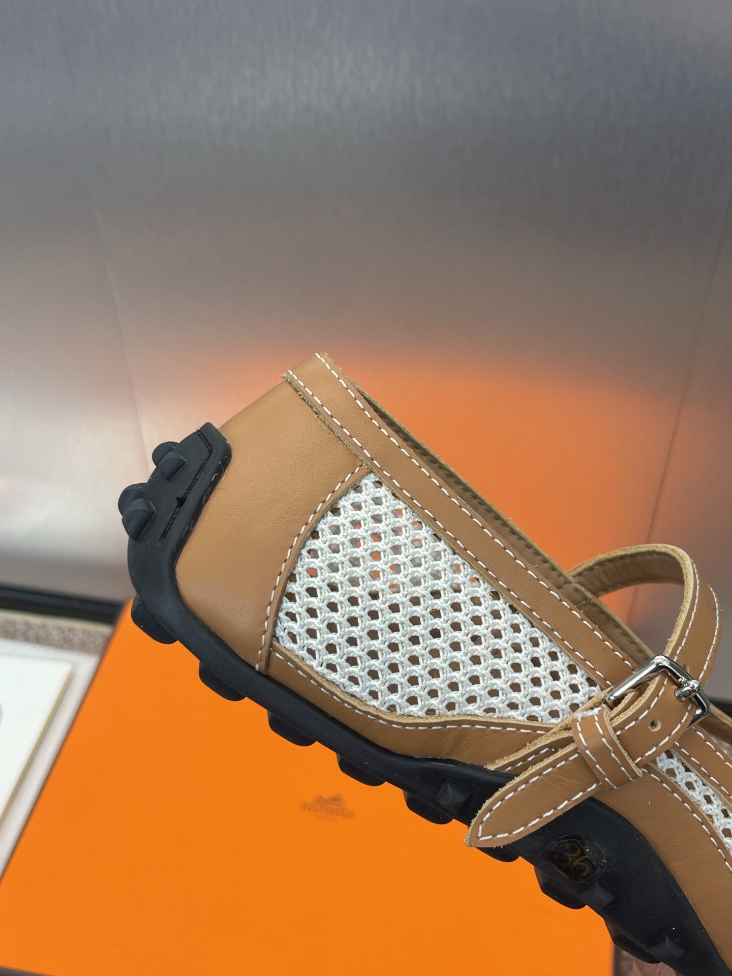 HERMES KICHU BALLET FLAT IN BRONZE BROWN CROCHET KNIT AND CALFSKIN