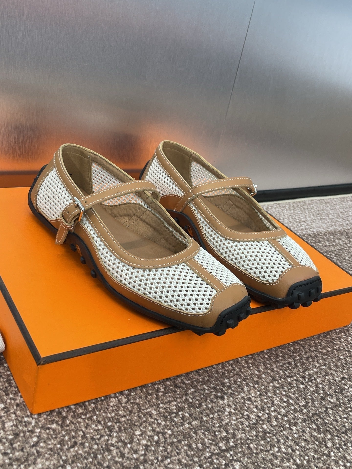 HERMES KICHU BALLET FLAT IN BRONZE BROWN CROCHET KNIT AND CALFSKIN