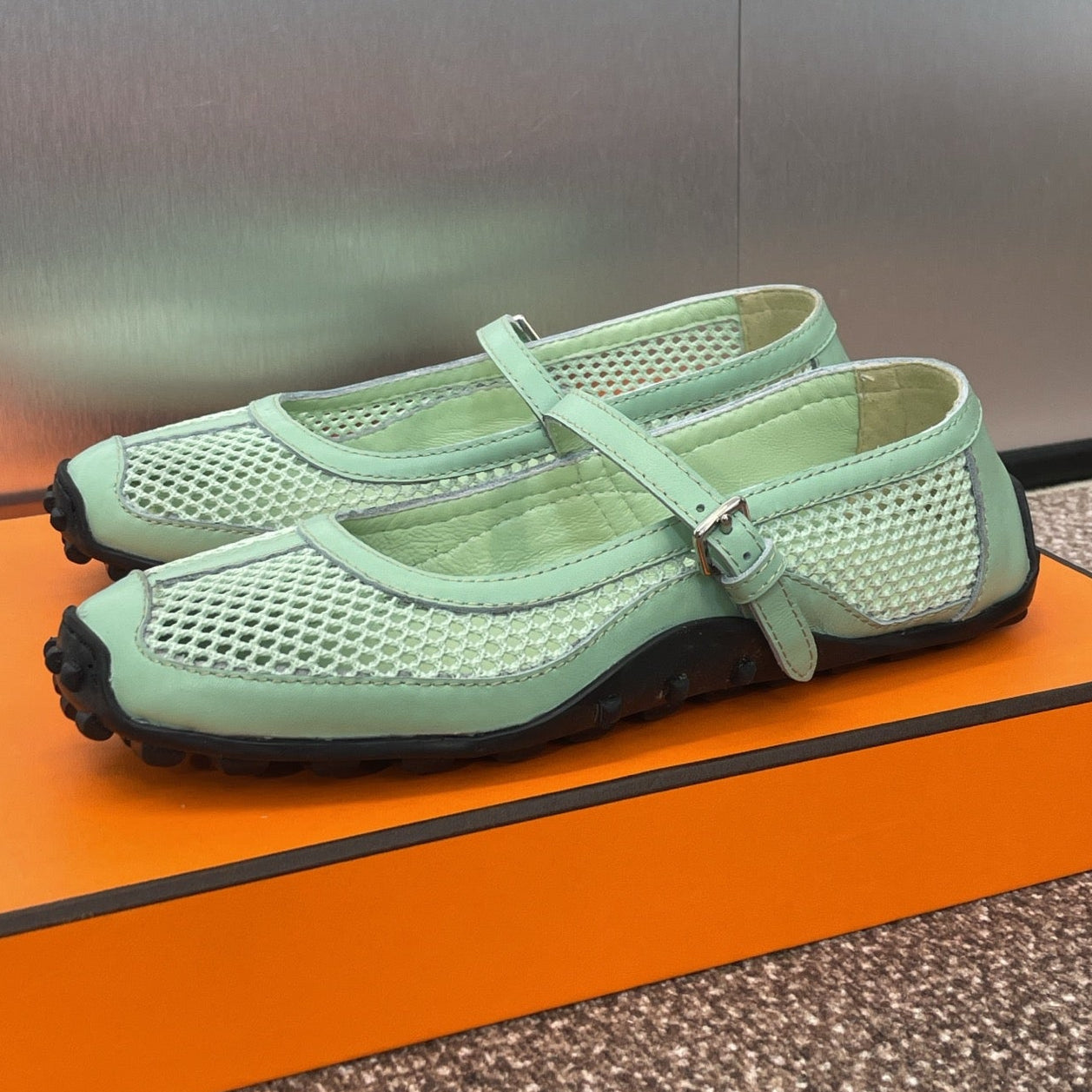 HERMES KICHU BALLET FLAT IN GREEN MINT CROCHET KNIT AND CALFSKIN