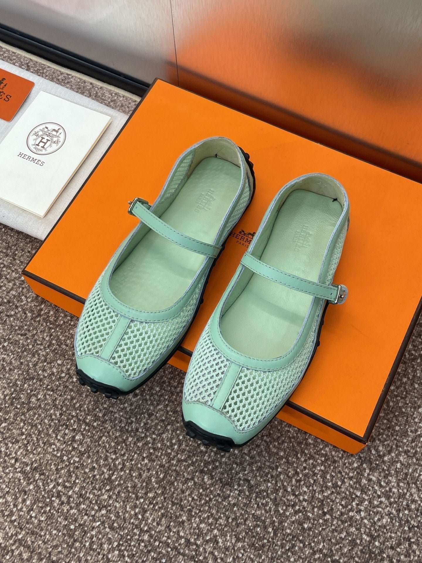 HERMES KICHU BALLET FLAT IN GREEN MINT CROCHET KNIT AND CALFSKIN