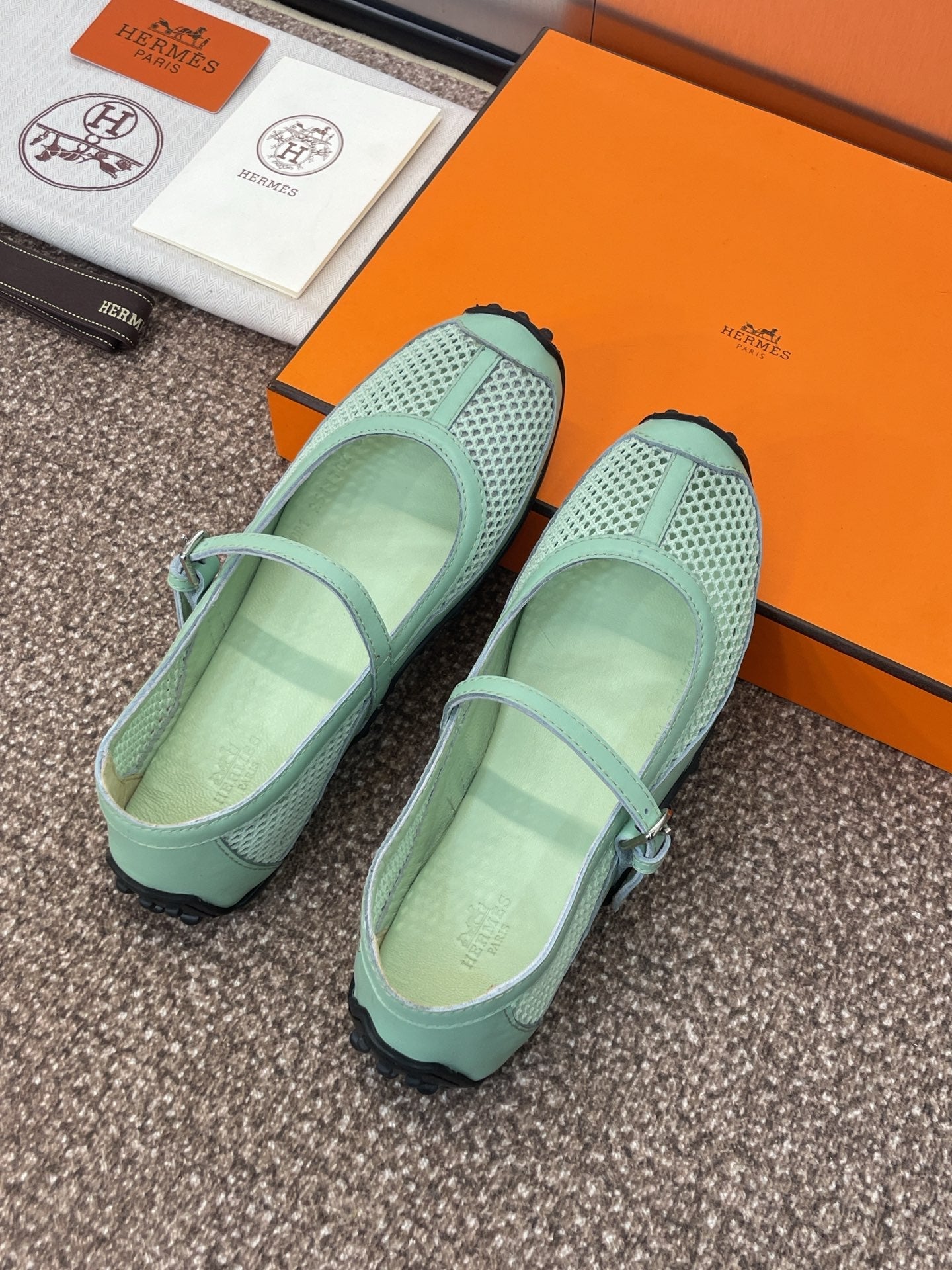 HERMES KICHU BALLET FLAT IN GREEN MINT CROCHET KNIT AND CALFSKIN