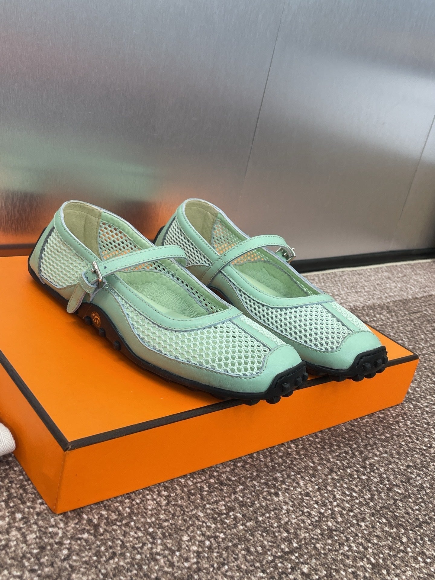HERMES KICHU BALLET FLAT IN GREEN MINT CROCHET KNIT AND CALFSKIN