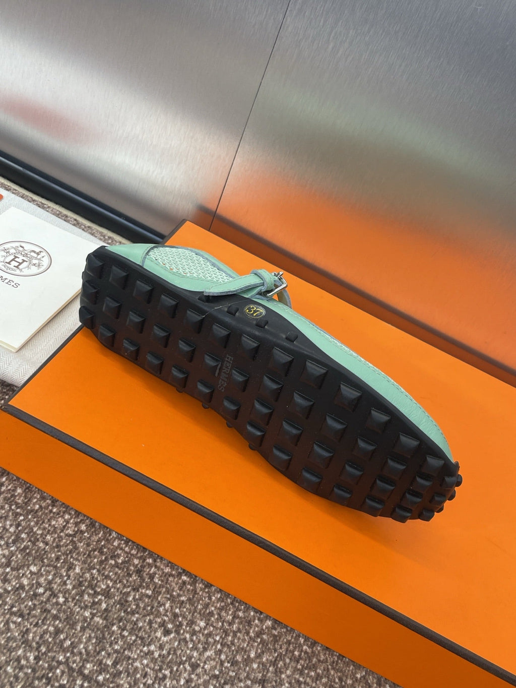 HERMES KICHU BALLET FLAT IN GREEN MINT CROCHET KNIT AND CALFSKIN