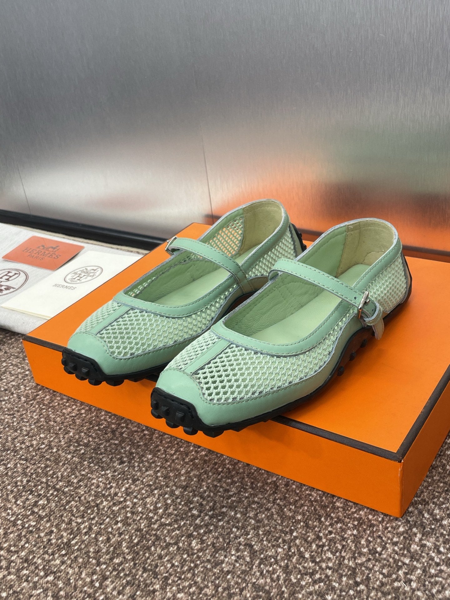 HERMES KICHU BALLET FLAT IN GREEN MINT CROCHET KNIT AND CALFSKIN