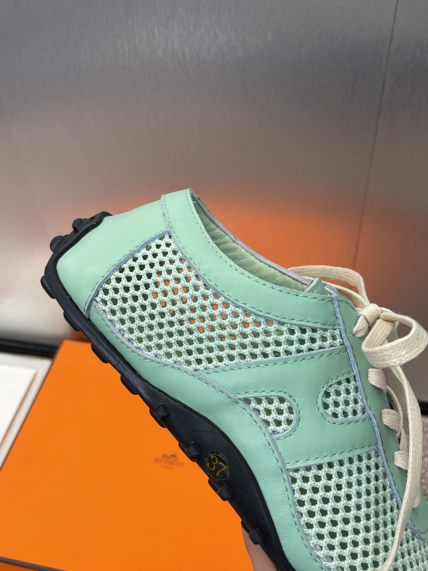 HERMES KIGA SNEAKER IN GREEN MINT CROCHET KNIT AND CALFSKIN