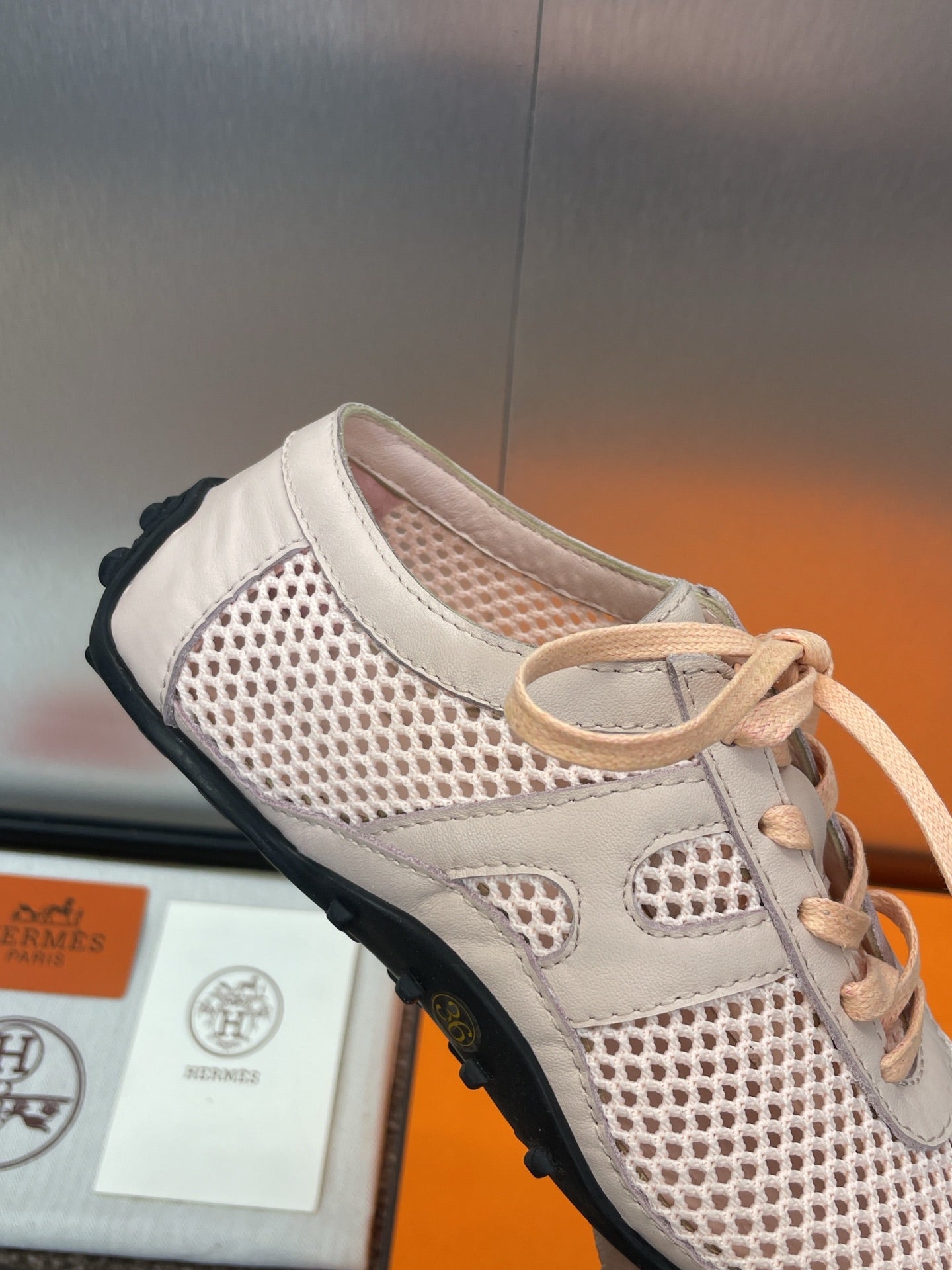 HERMES KIGA SNEAKER IN LIGHT PINK CROCHET KNIT AND CALFSKIN