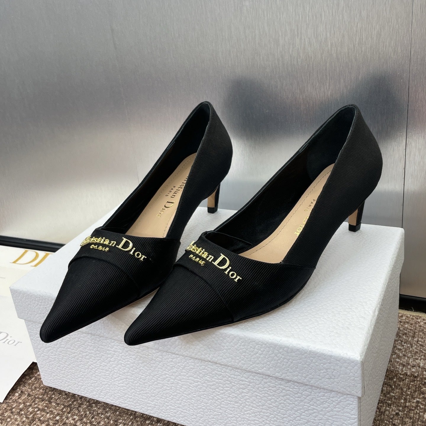 DIOR MY DD 25S HIGH HEEL 55MM IN BLACK FABRIC GOLD LOGO