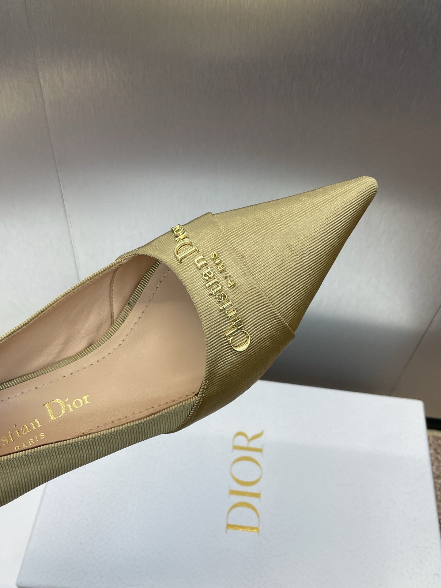 DIOR MY DD 25S HIGH HEEL 55MM IN KHAKI GOLD FABRIC GOLD LOGO