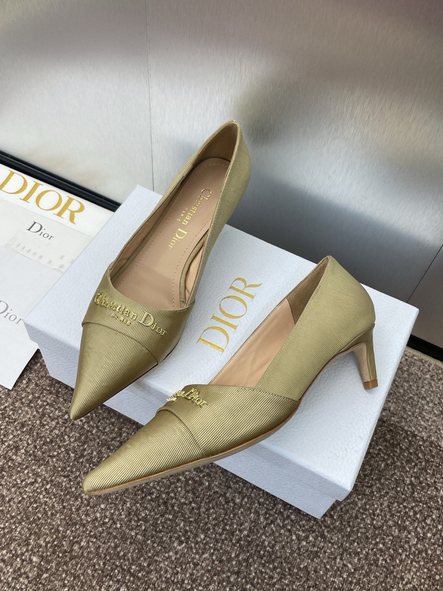 DIOR MY DD 25S HIGH HEEL 55MM IN KHAKI GOLD FABRIC GOLD LOGO
