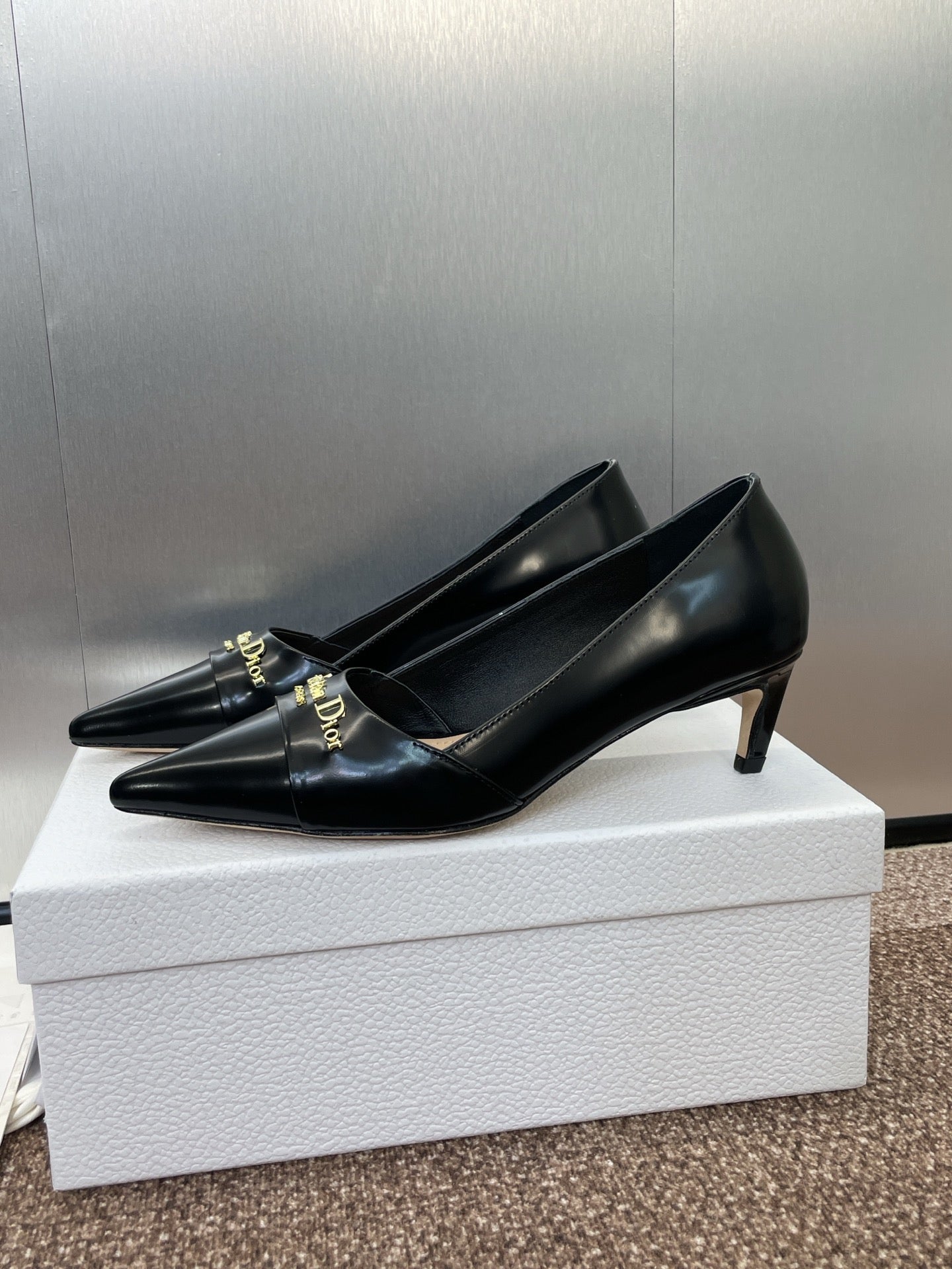 DIOR MY DD 25S HIGH HEEL 55MM IN BLACK LAMBSKIN GOLD LOGO