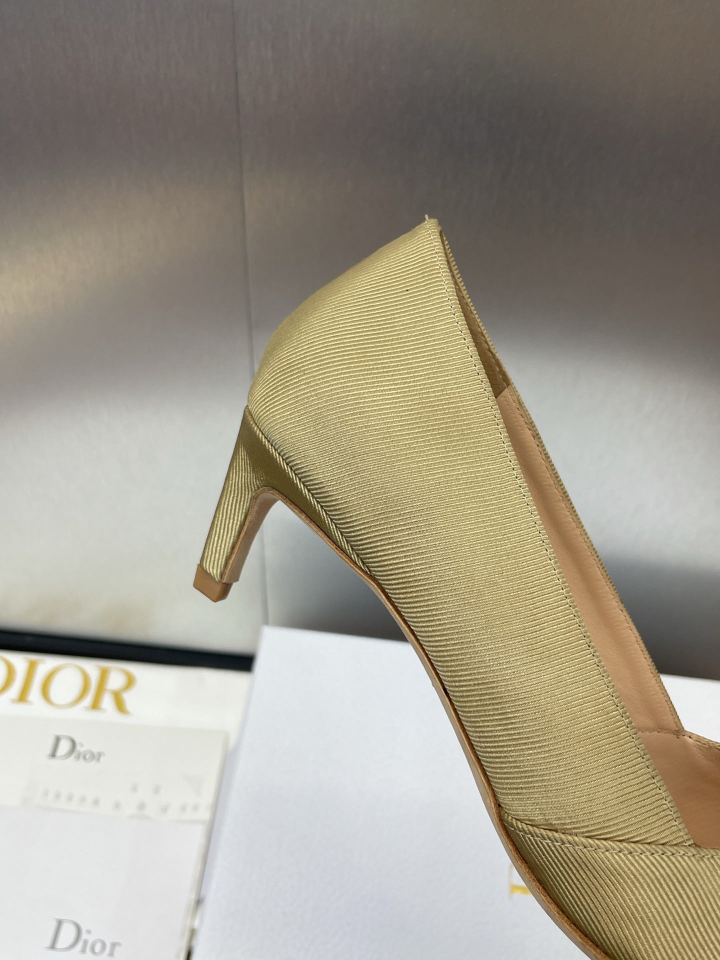 DIOR MY DD 25S HIGH HEEL 55MM IN KHAKI GOLD FABRIC GOLD LOGO