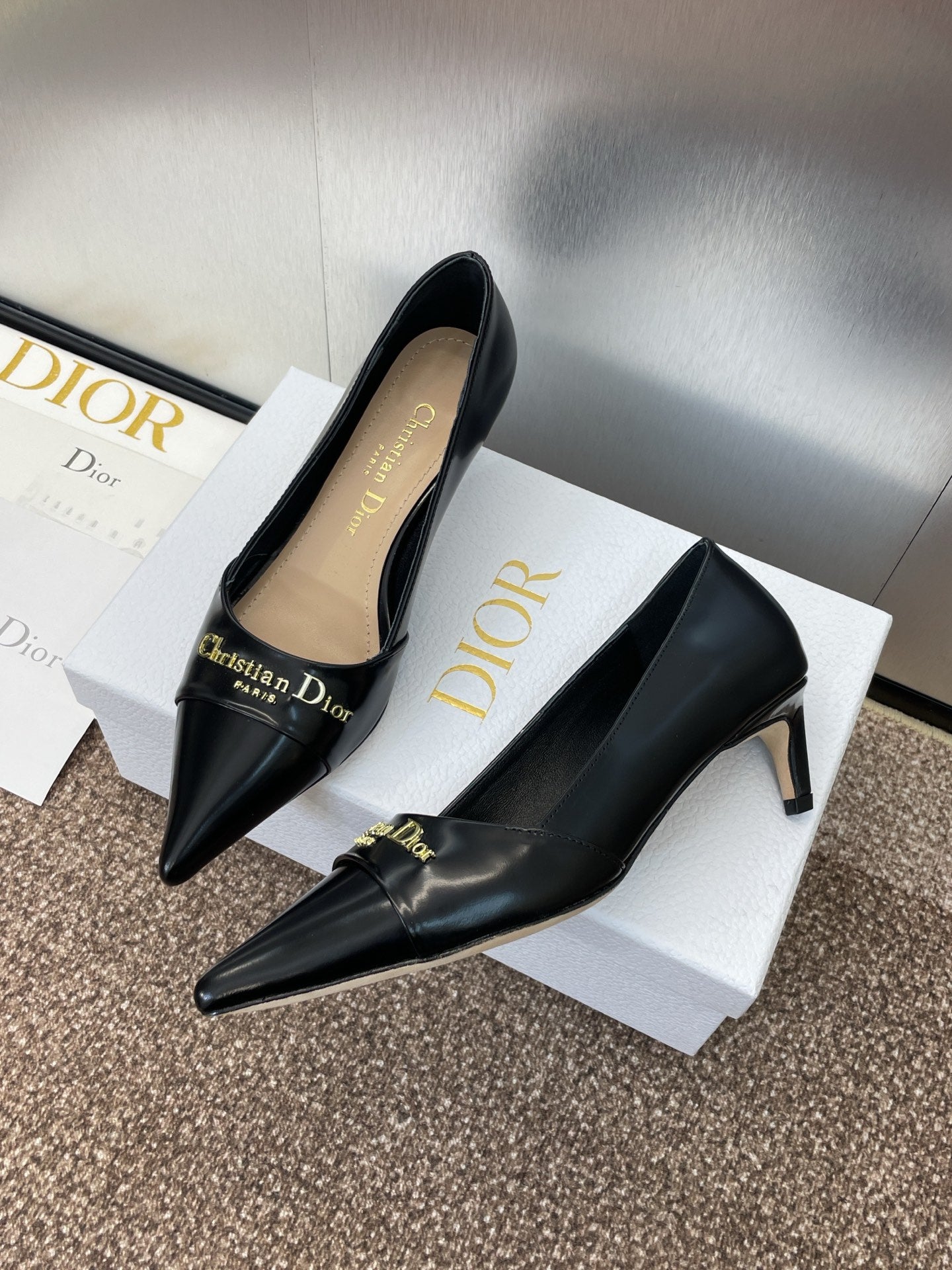 DIOR MY DD 25S HIGH HEEL 55MM IN BLACK LAMBSKIN GOLD LOGO