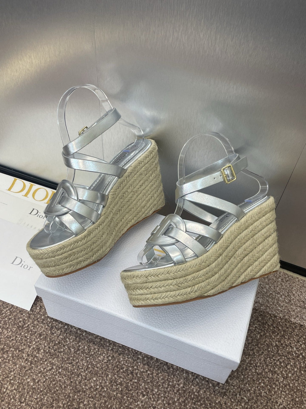DIOR D-CLUB 25S HIGH HEEL WEDGE 100MM IN SILVER GLOSSY CALFSKIN RAFFIA SOLE
