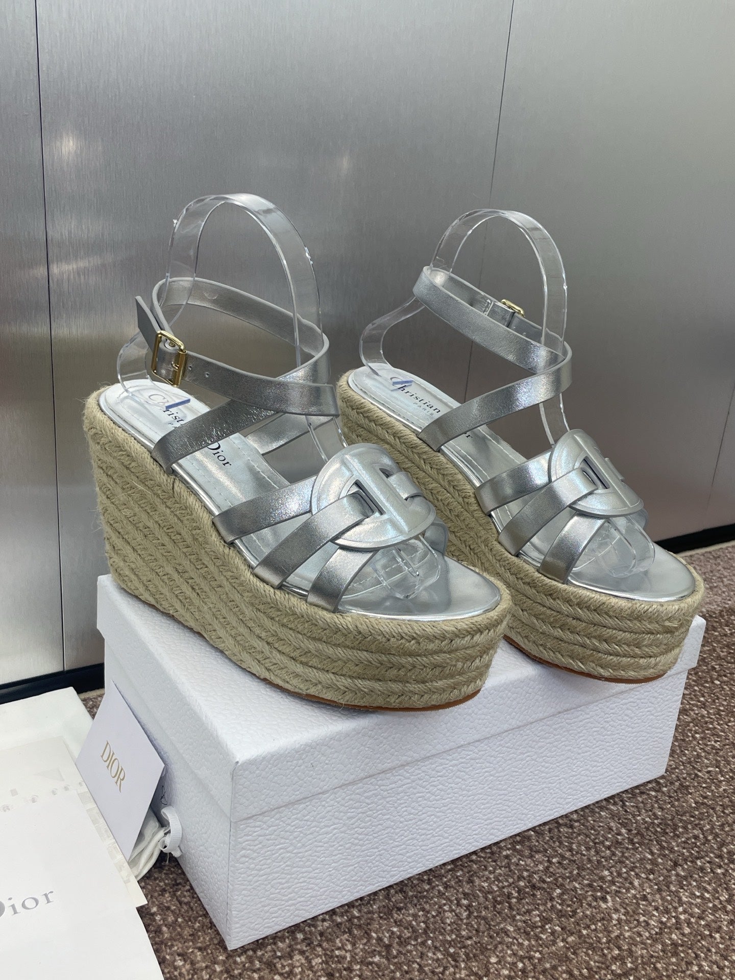 DIOR D-CLUB 25S HIGH HEEL WEDGE 100MM IN SILVER GLOSSY CALFSKIN RAFFIA SOLE