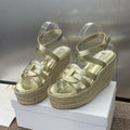 DIOR D-CLUB 25S HIGH HEEL WEDGE 100MM IN GOLD GLOSSY CALFSKIN RAFFIA SOLE