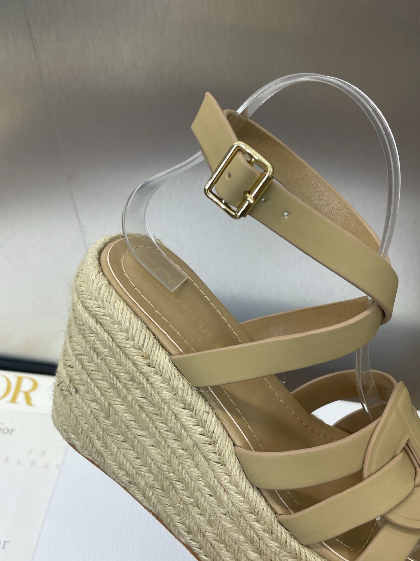 DIOR D-CLUB 25S HIGH HEEL WEDGE 100MM IN GOLDEN BEIGE CALFSKIN RAFFIA SOLE