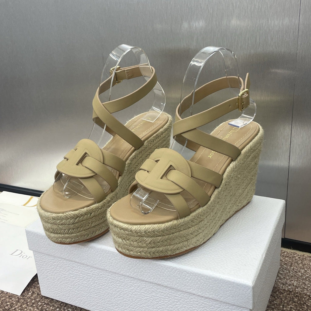 DIOR D-CLUB 25S HIGH HEEL WEDGE 100MM IN GOLDEN BEIGE CALFSKIN RAFFIA SOLE