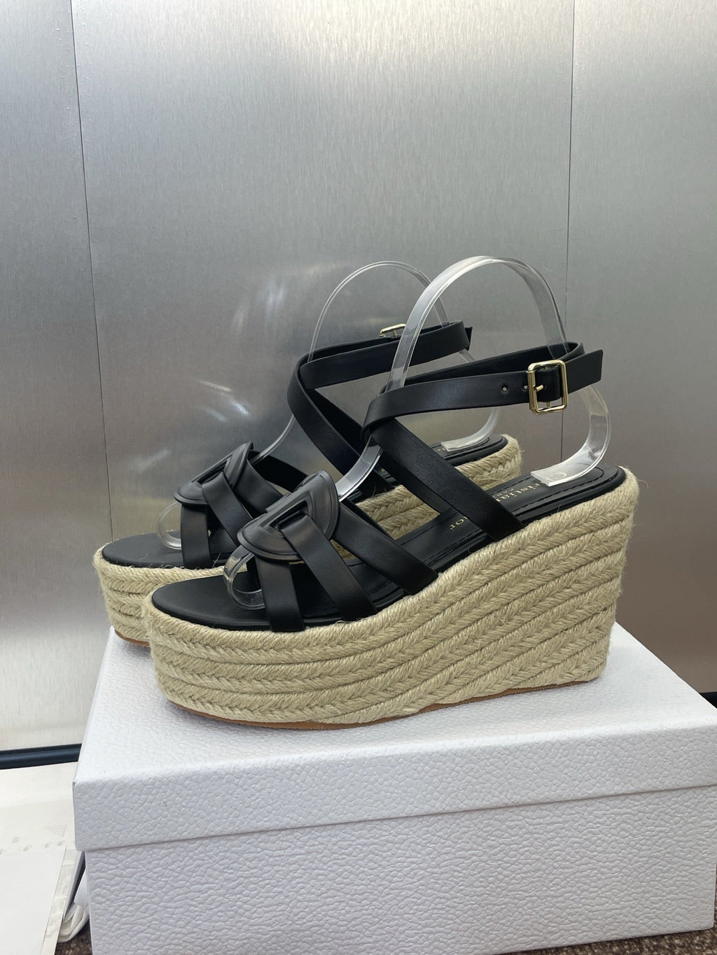 DIOR D-CLUB 25S HIGH HEEL WEDGE 100MM IN BLACK CALFSKIN RAFFIA SOLE