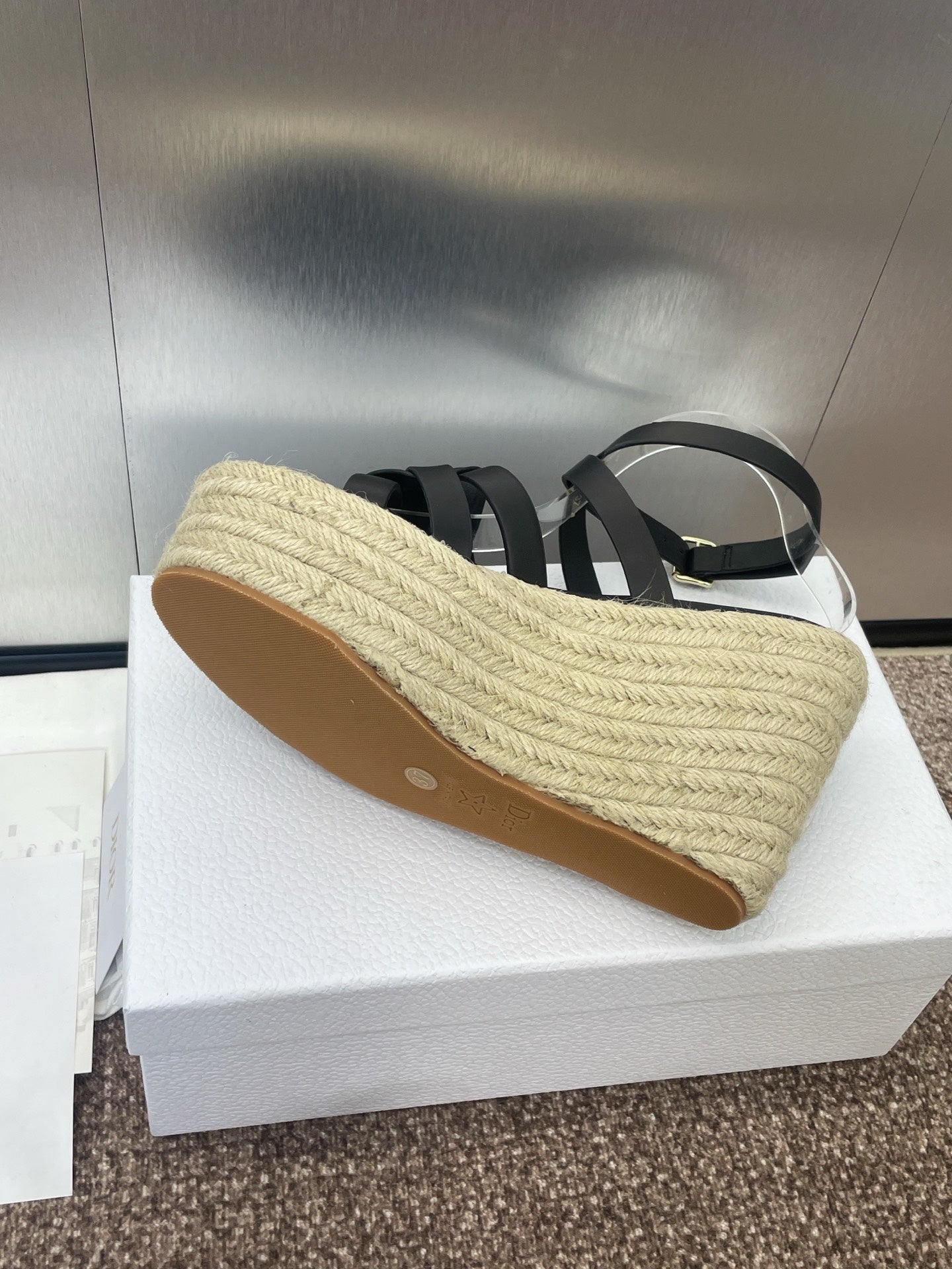 DIOR D-CLUB 25S HIGH HEEL WEDGE 100MM IN BLACK CALFSKIN RAFFIA SOLE
