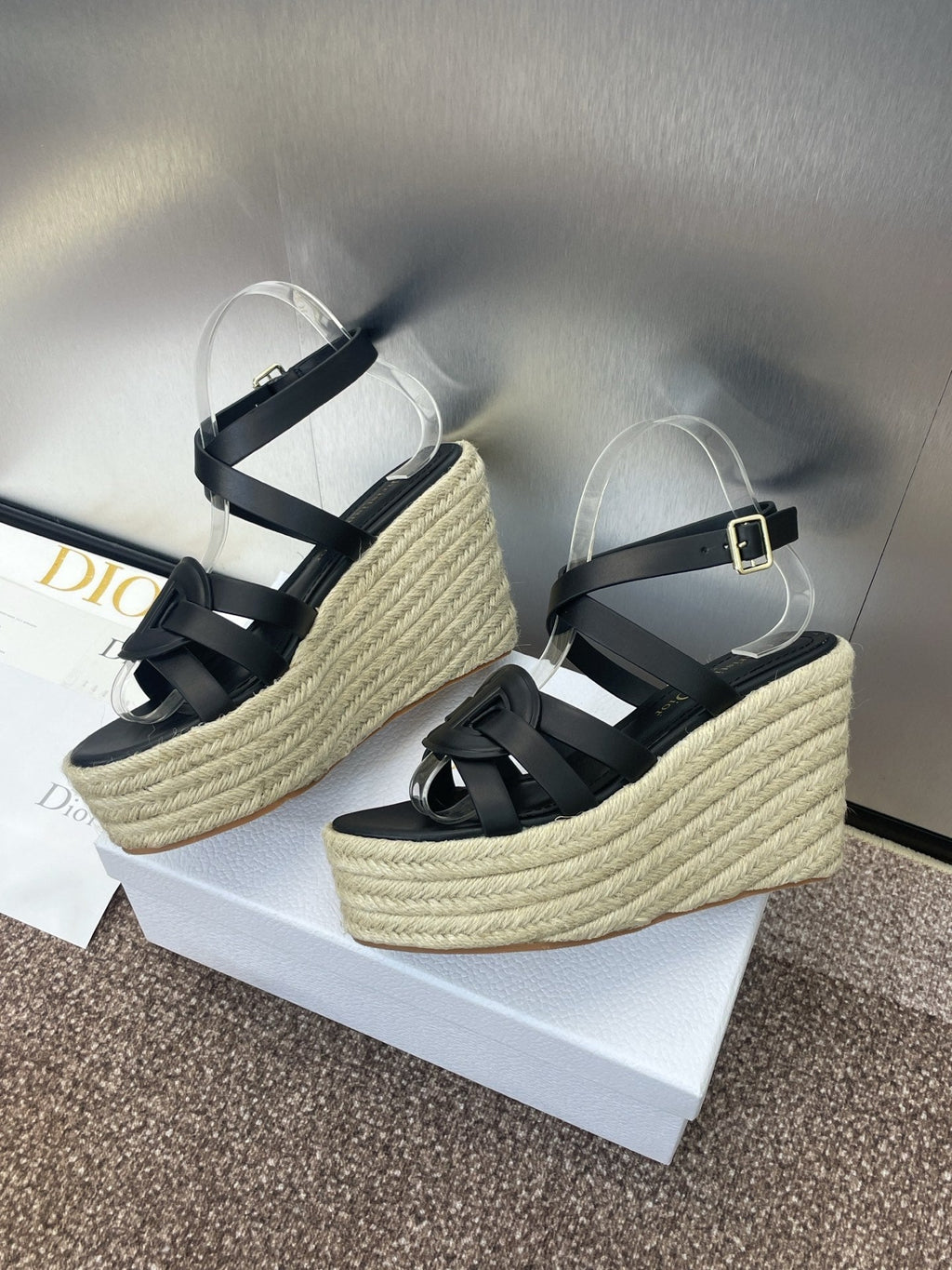 DIOR D-CLUB 25S HIGH HEEL WEDGE 100MM IN BLACK CALFSKIN RAFFIA SOLE