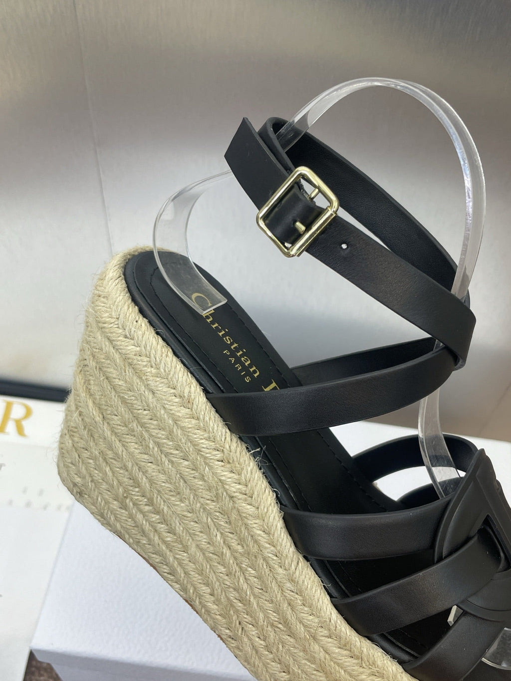 DIOR D-CLUB 25S HIGH HEEL WEDGE 100MM IN BLACK CALFSKIN RAFFIA SOLE