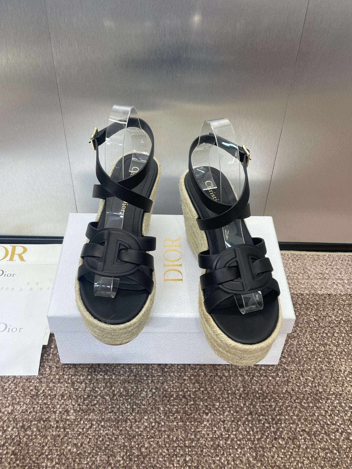 DIOR D-CLUB 25S HIGH HEEL WEDGE 100MM IN BLACK CALFSKIN RAFFIA SOLE