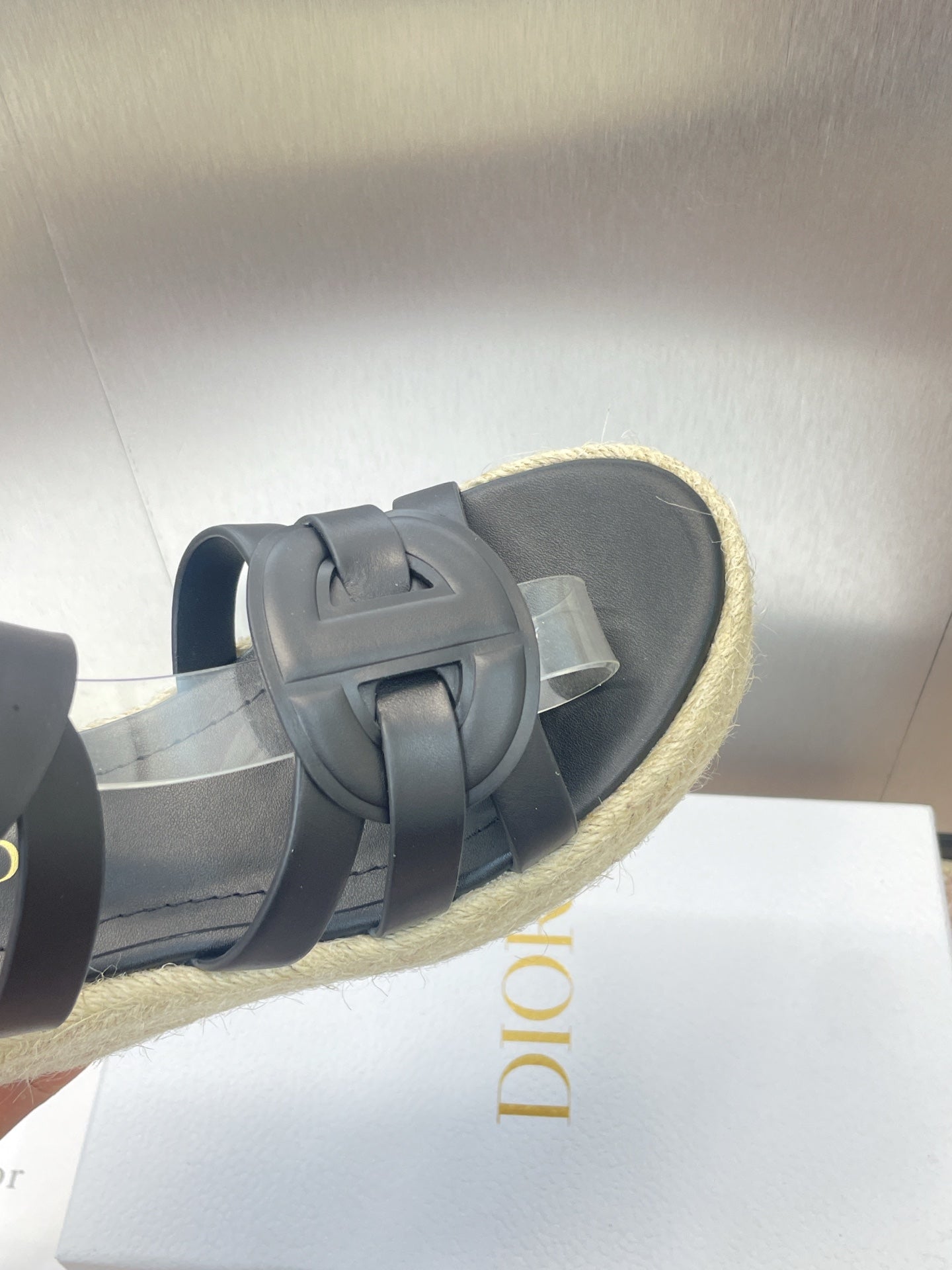 DIOR D-CLUB 25S HIGH HEEL WEDGE 100MM IN BLACK CALFSKIN RAFFIA SOLE