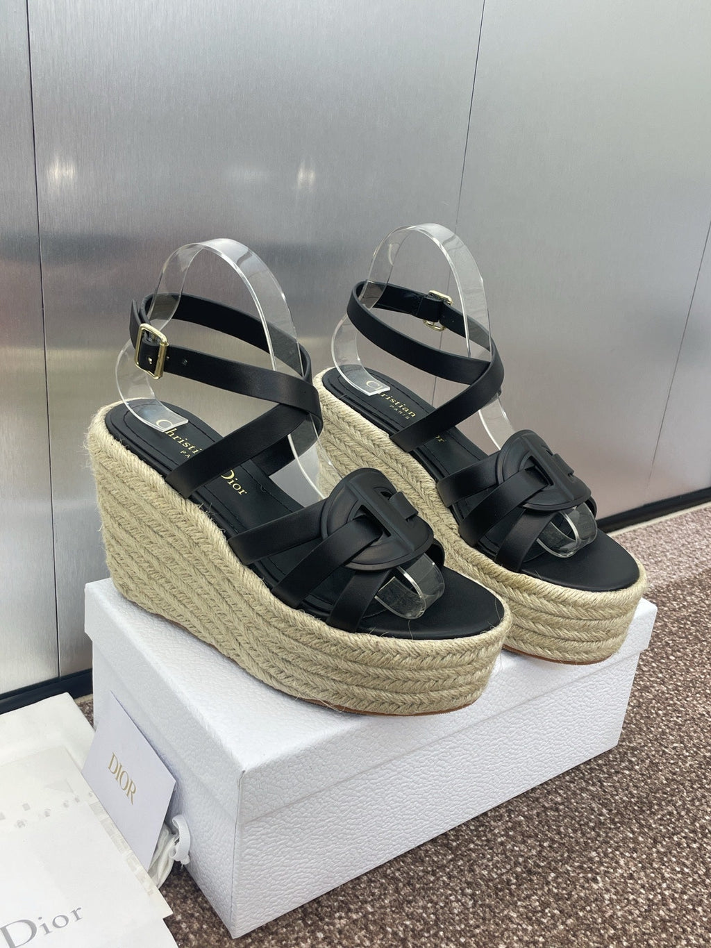 DIOR D-CLUB 25S HIGH HEEL WEDGE 100MM IN BLACK CALFSKIN RAFFIA SOLE