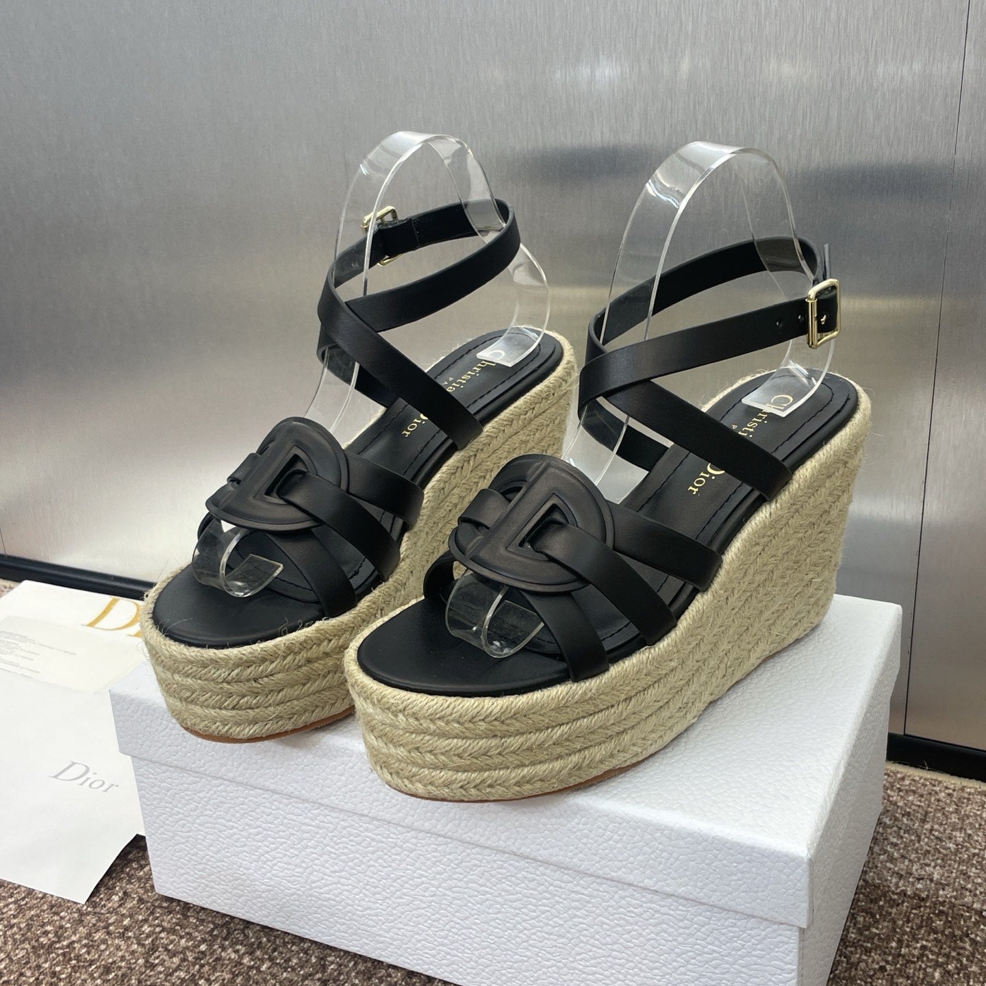 DIOR D-CLUB 25S HIGH HEEL WEDGE 100MM IN BLACK CALFSKIN RAFFIA SOLE