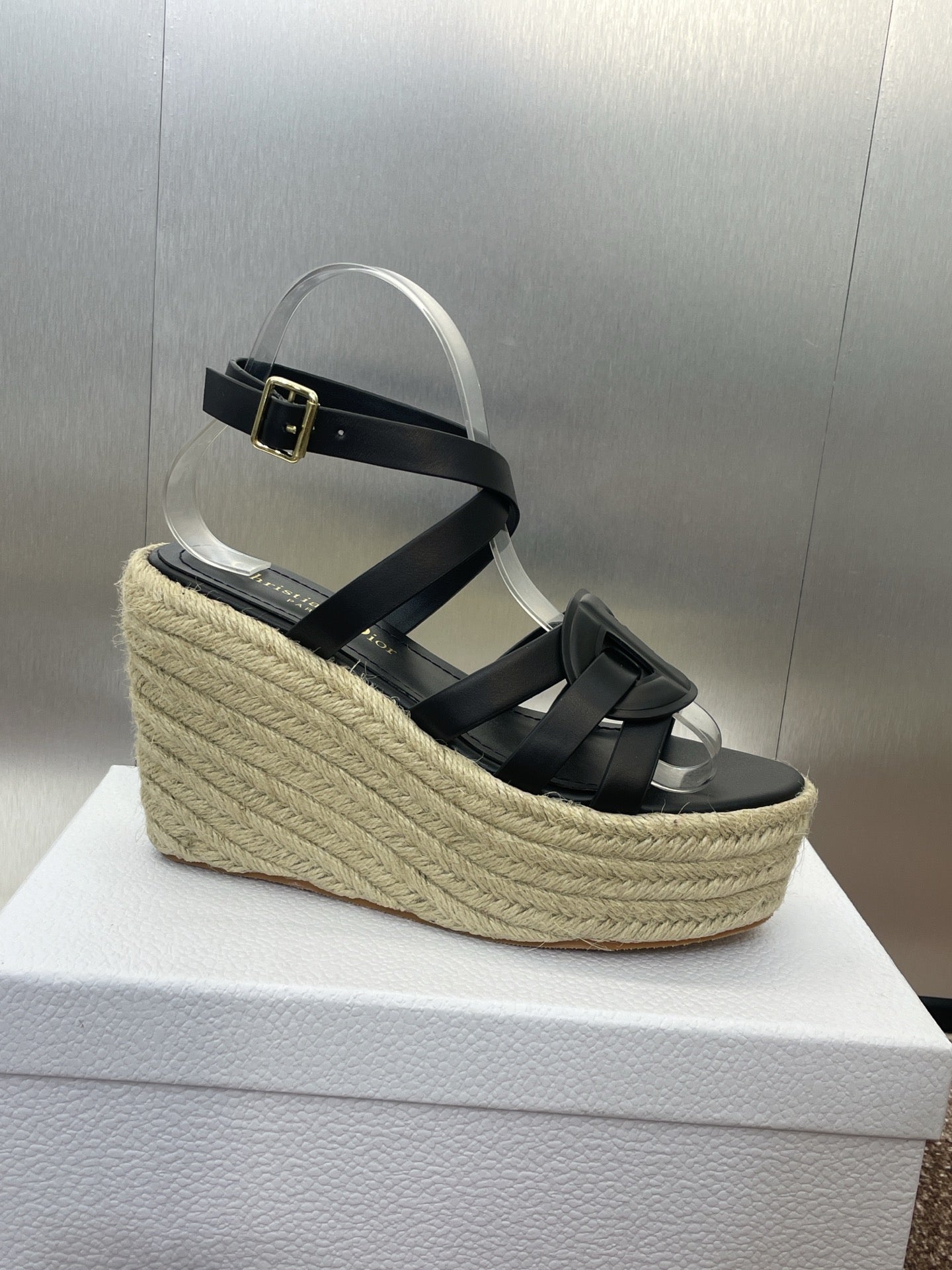 DIOR D-CLUB 25S HIGH HEEL WEDGE 100MM IN BLACK CALFSKIN RAFFIA SOLE