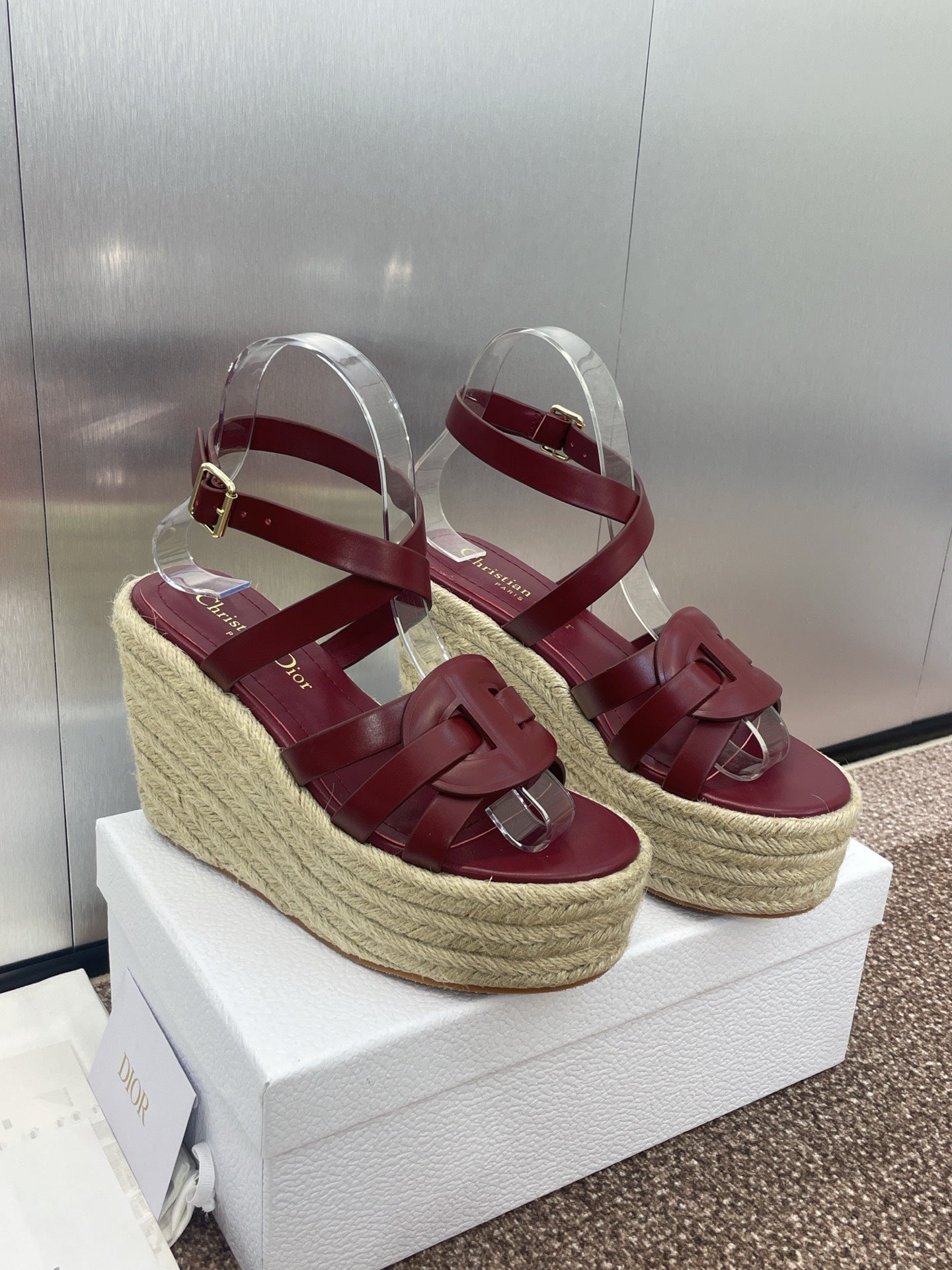 DIOR D-CLUB 25S HIGH HEEL WEDGE 100MM IN BURGUNDY RED CALFSKIN RAFFIA SOLE