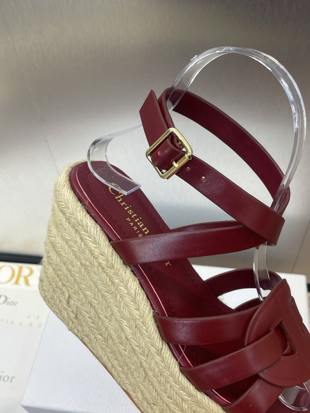 DIOR D-CLUB 25S HIGH HEEL WEDGE 100MM IN BURGUNDY RED CALFSKIN RAFFIA SOLE