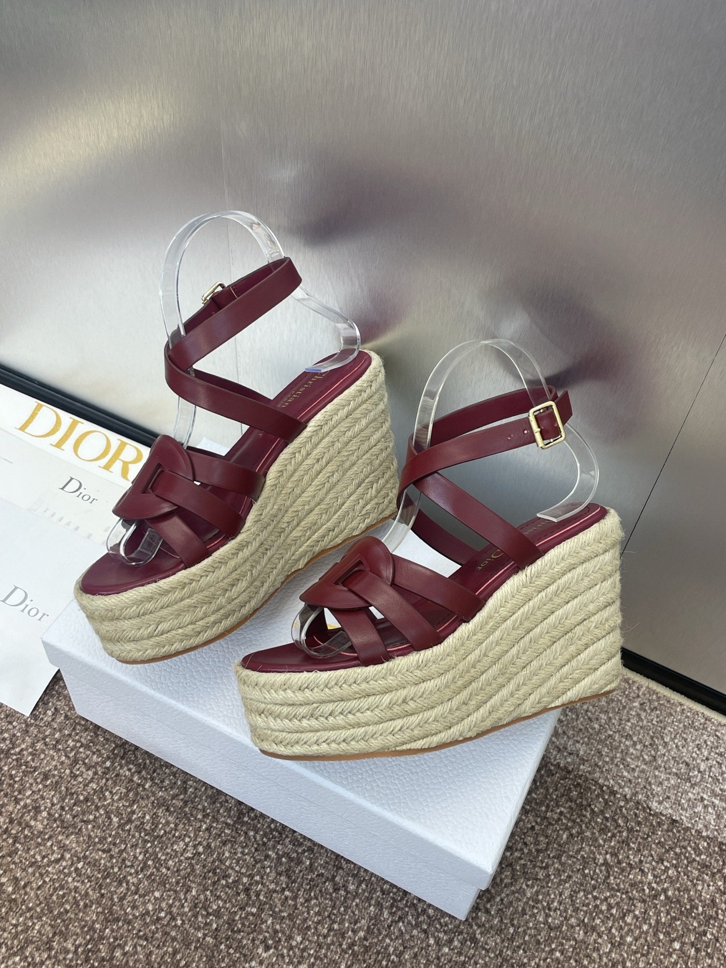 DIOR D-CLUB 25S HIGH HEEL WEDGE 100MM IN BURGUNDY RED CALFSKIN RAFFIA SOLE