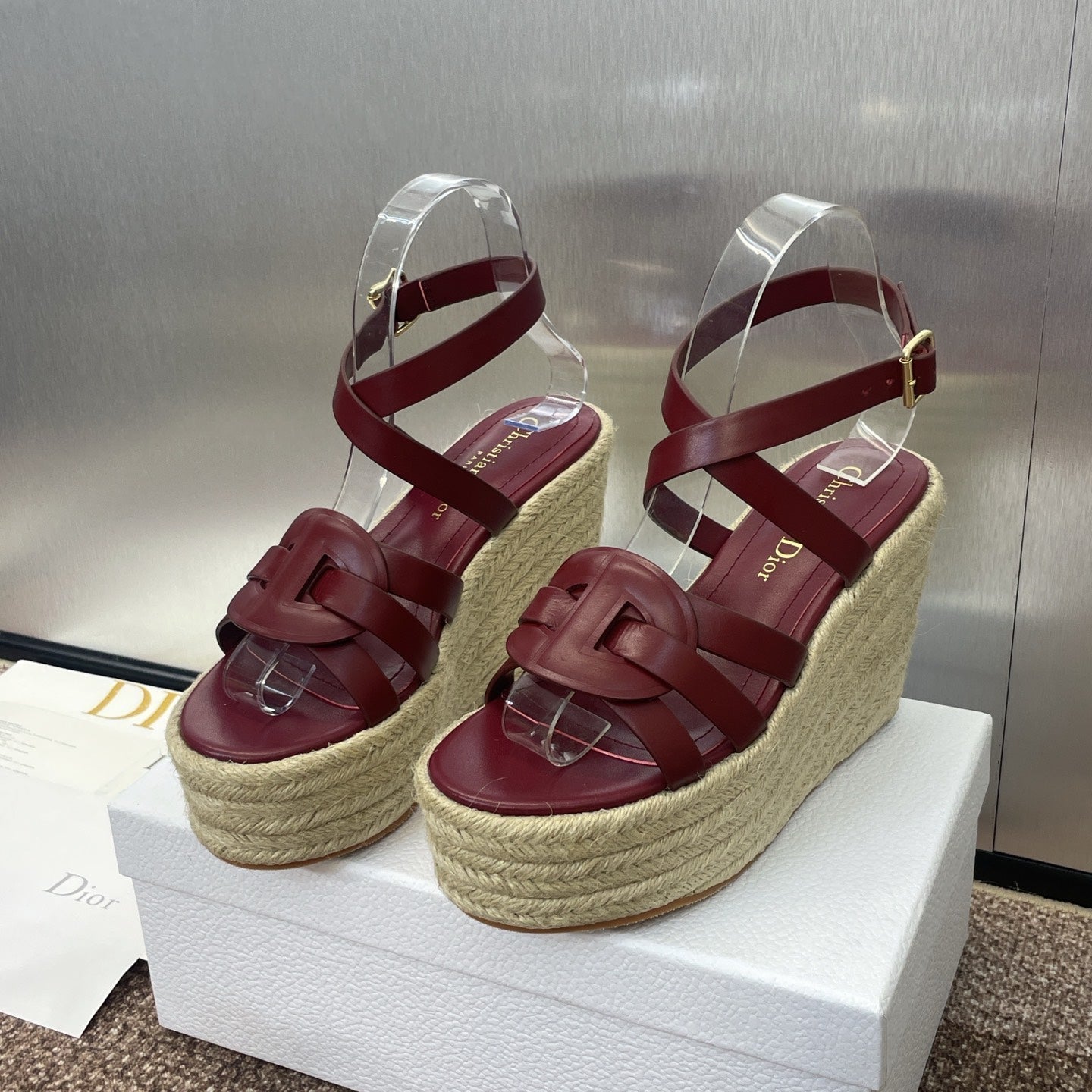 DIOR D-CLUB 25S HIGH HEEL WEDGE 100MM IN BURGUNDY RED CALFSKIN RAFFIA SOLE