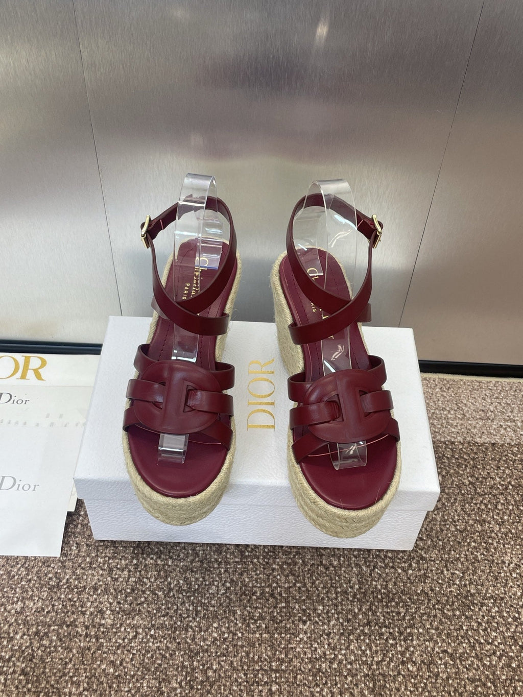 DIOR D-CLUB 25S HIGH HEEL WEDGE 100MM IN BURGUNDY RED CALFSKIN RAFFIA SOLE
